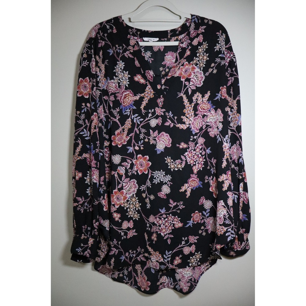 ☀️3/$15☀️Boho Floral Cottagecore Maurices Blouse XL Black V-Neck Long Sleeve
